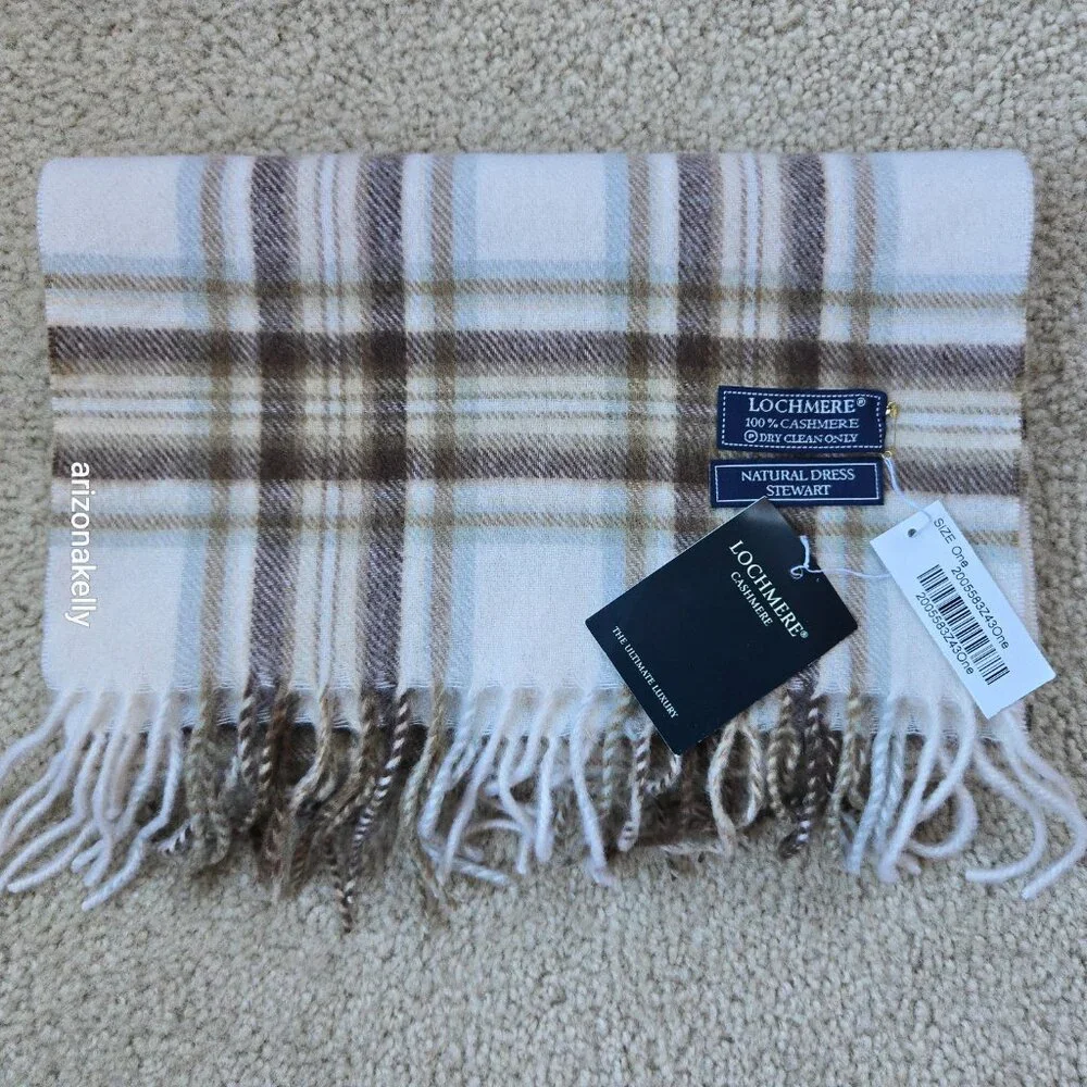NWT Lochmere Cashmere Scarf Natural Dress Stewart Plaid Brown & Creme